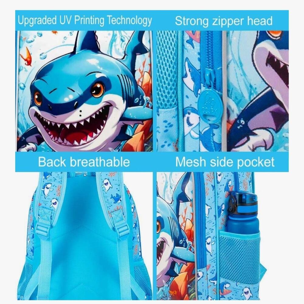 NWOT CCJPX 3PCS Shark Backpack for Boys, 16 Inch Kids Water Resistant Preschool - Picture 5 of 13